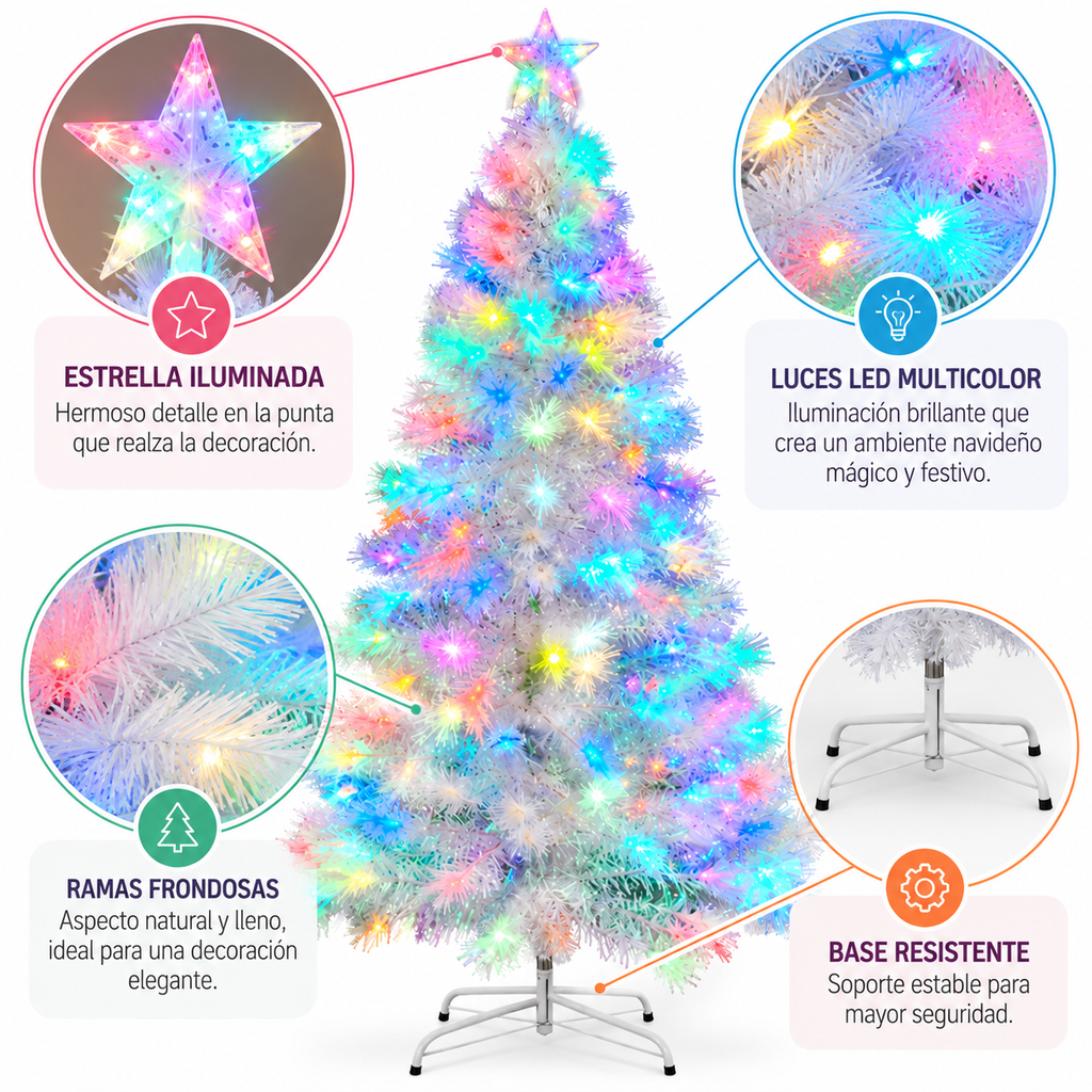 Árbol Navideño de Fibra Óptica Blanco de 1,80 m