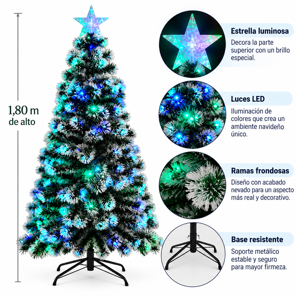 Árbol Navideño de Fibra Óptica Nevado con Luz LED de 1,80 m