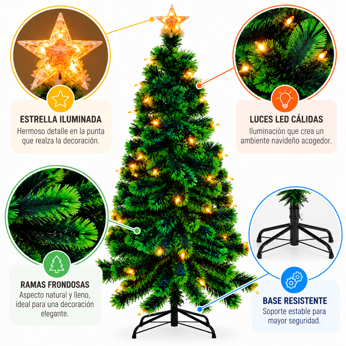 Árbol Navideño de Fibra Óptica Luz Vela LED de 1,70 m