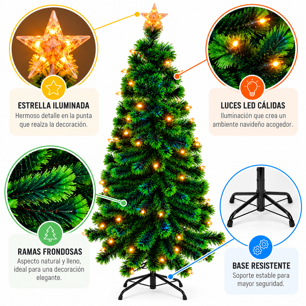 Árbol Navideño de Fibra Óptica Luz Vela LED de 2,10 m