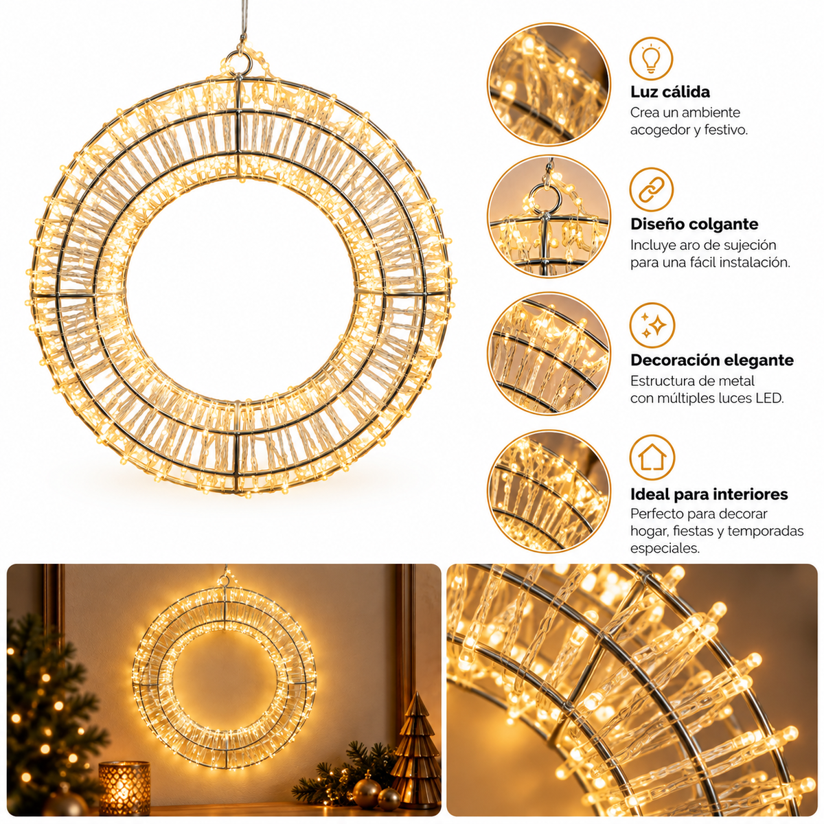 Aro Decorativo Navideño de 30 cm con Luz Cálida
