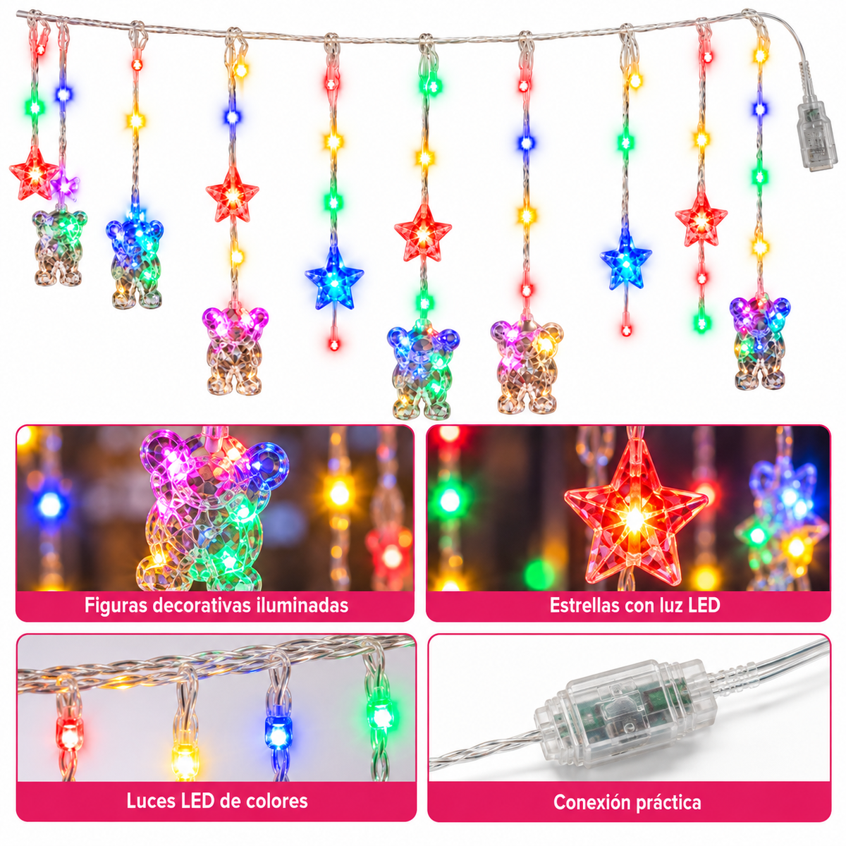 Cortina Texturizada de Papá Noel con Micro LED