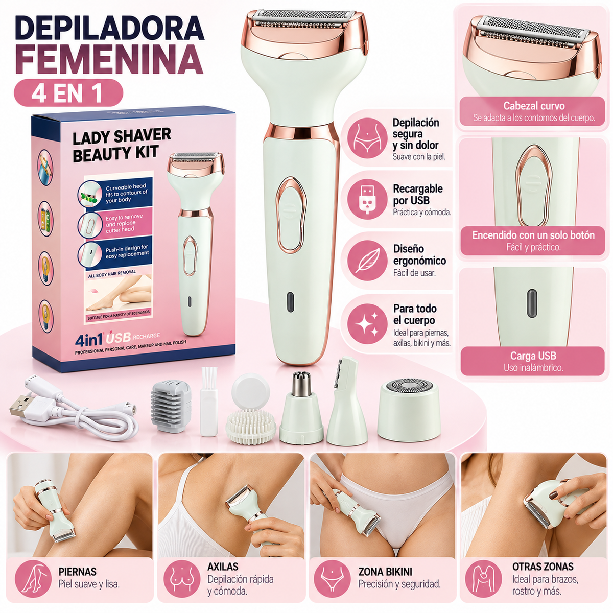 Depiladora Lady Shaver 4 en 1 para Dama