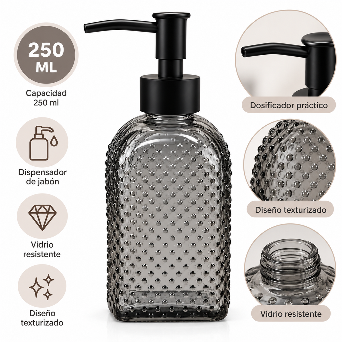 Dispensador de Jabón de Vidrio Negro de 250 ml