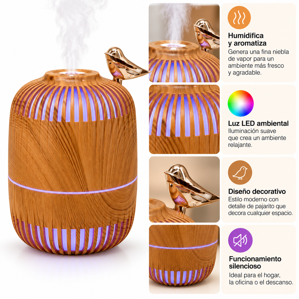 Humidificador de Ambiente Armonía y Madera con Pájaro