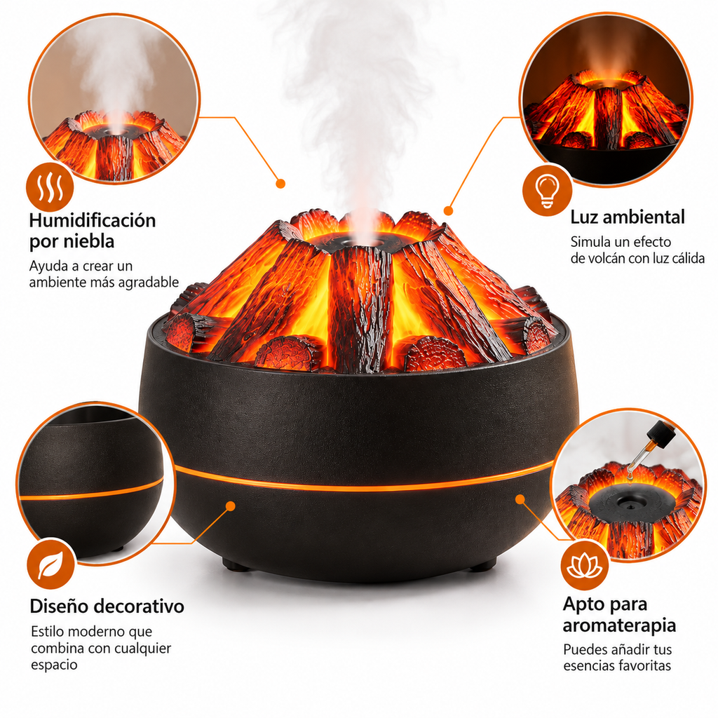 Humidificador de Aroma Estilo Fogata de Carbón de 300 ml