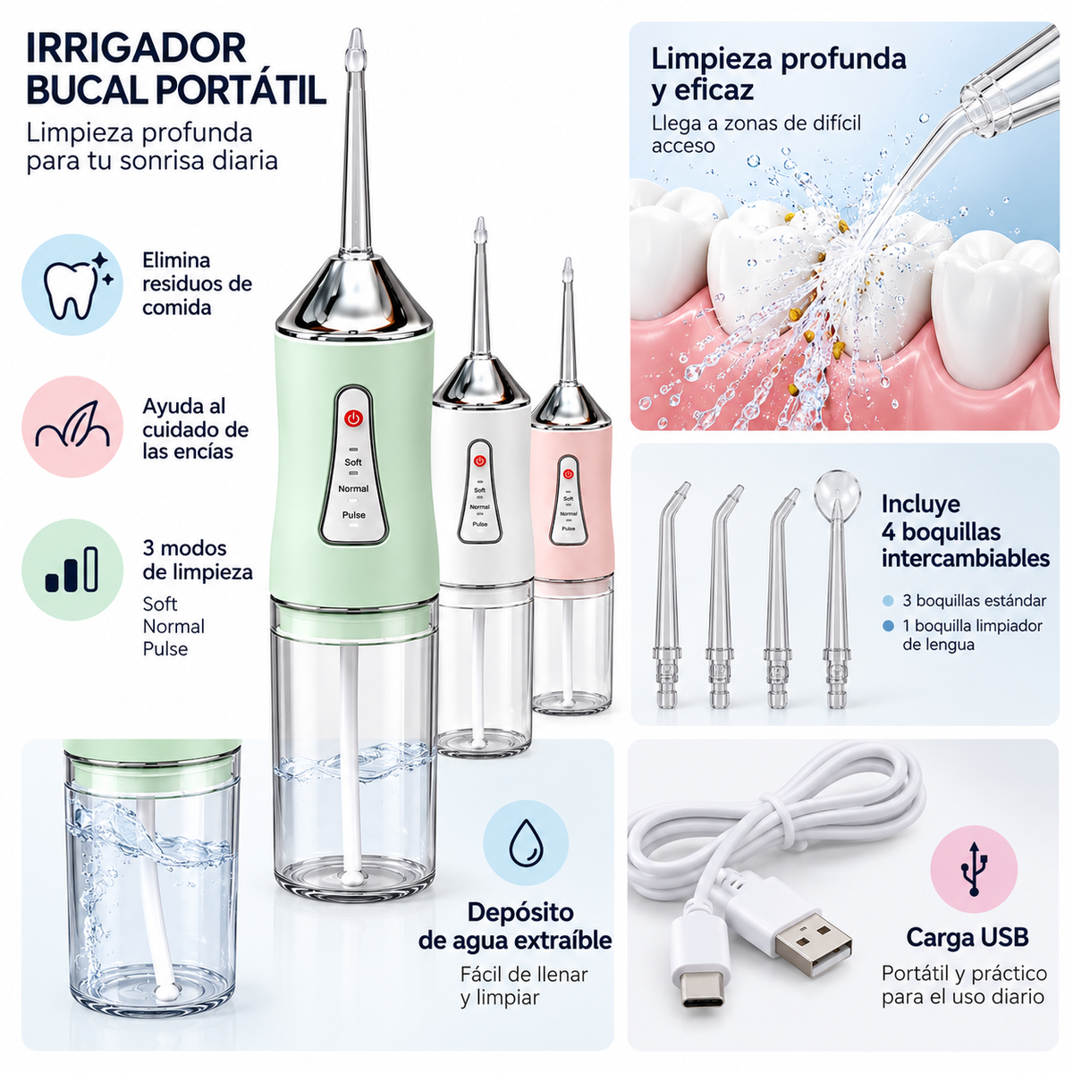Irrigador Bucal Recargable Portátil con 3 Modos