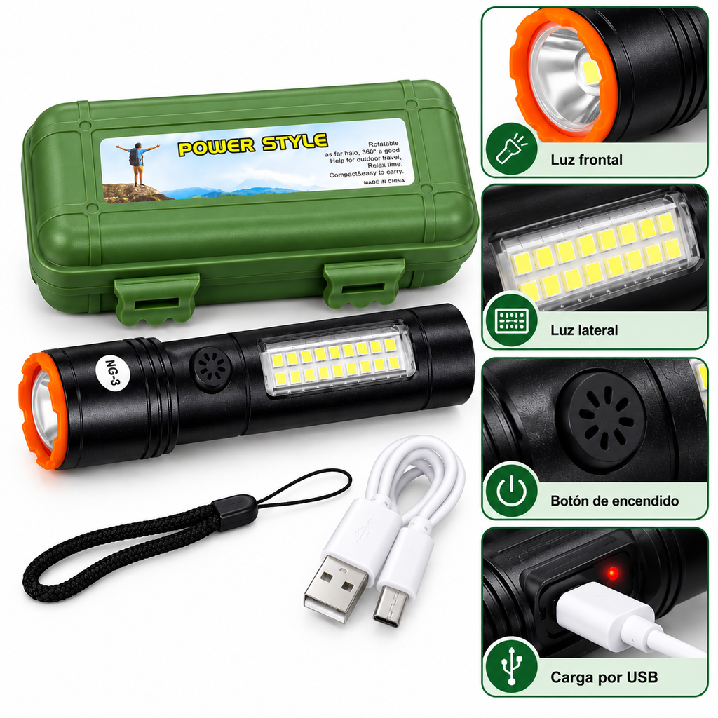 Linterna Recargable con Panel LED Lateral