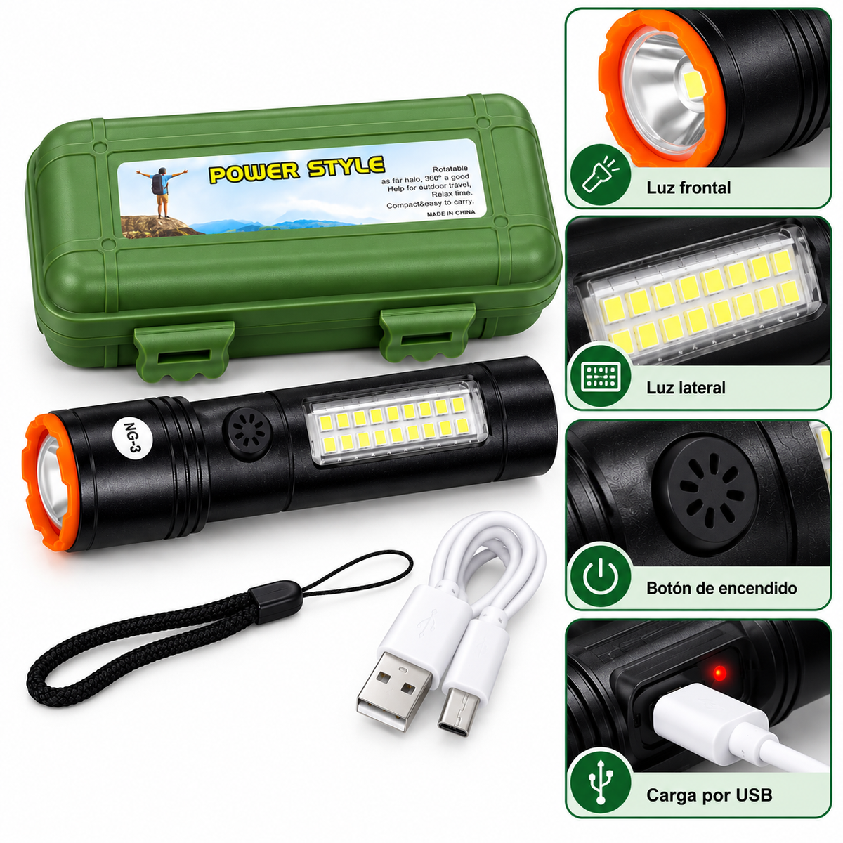 Linterna Recargable con Panel LED Lateral