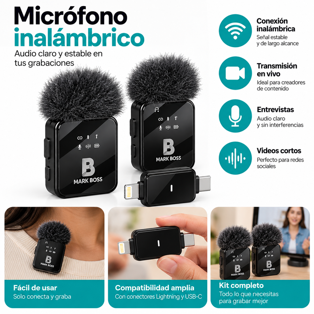 Micrófonos Inalámbricos para Celular con Receptor Tipo C y Lightning