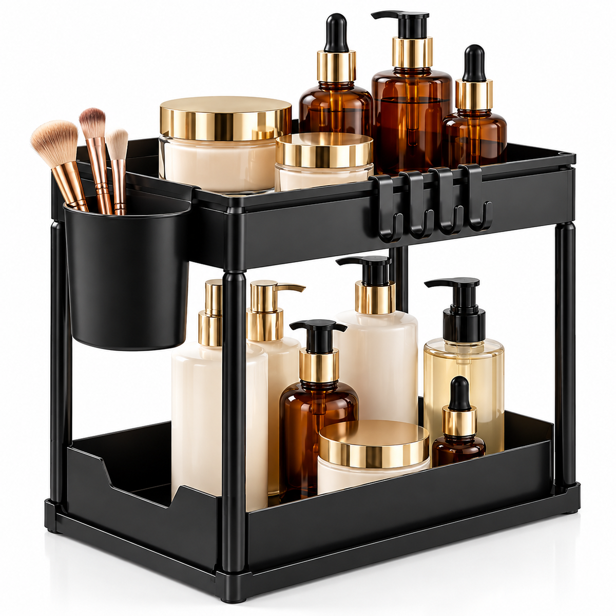 Organizador de Baño de 2 Niveles con Recipiente Lateral y Ganchos