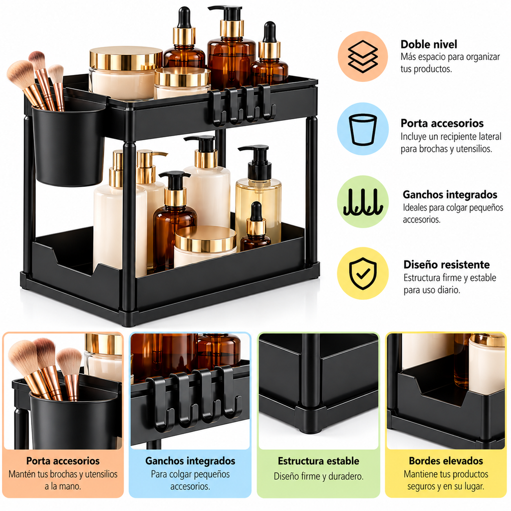 Organizador de Baño de 2 Niveles con Recipiente Lateral y Ganchos
