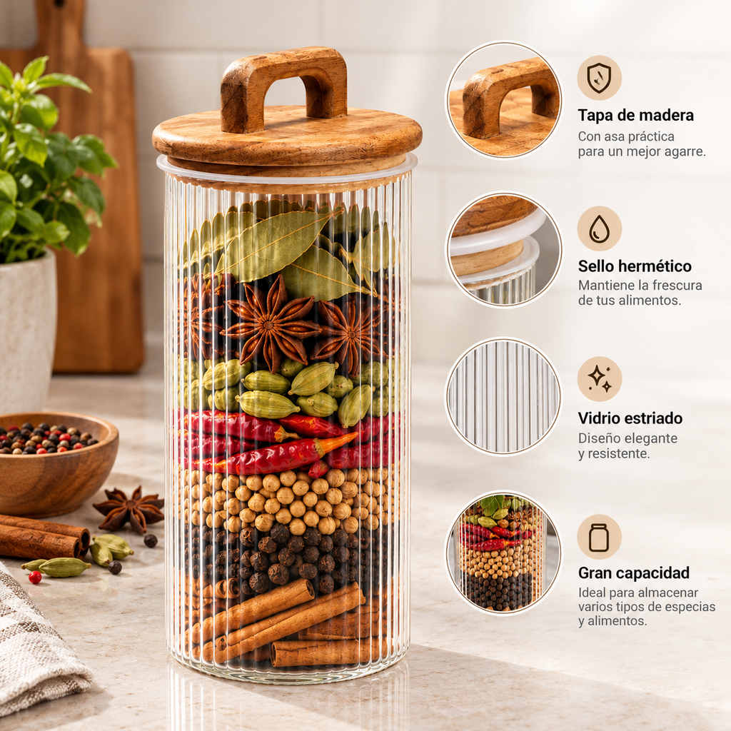 Organizador de Especias con Frasco Transparente y Tapa de Madera