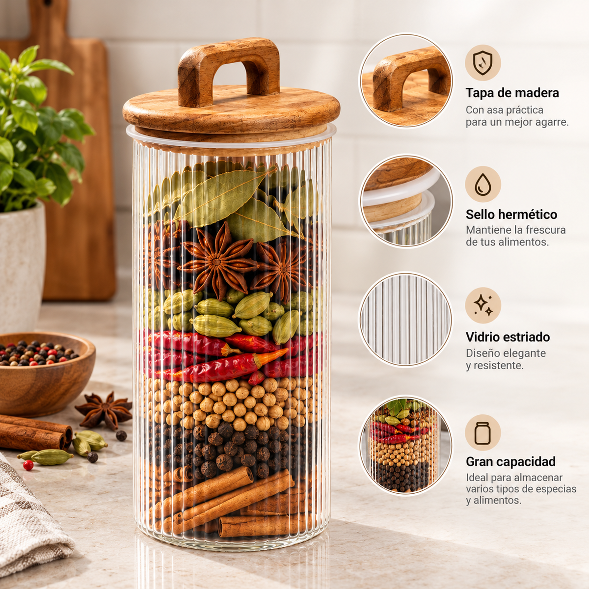 Organizador de Especias con Frasco Transparente y Tapa de Madera