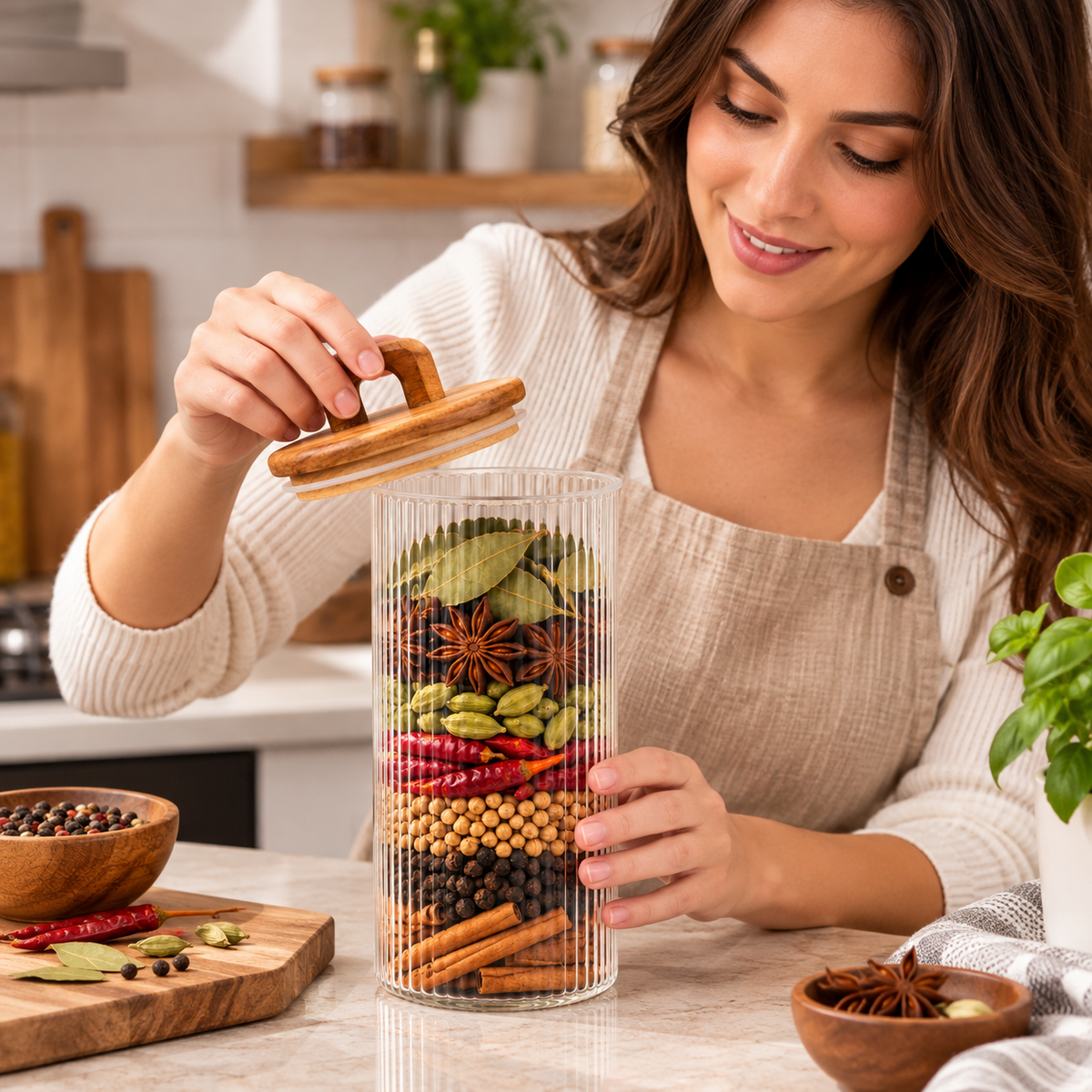 Organizador de Especias con Frasco Transparente y Tapa de Madera