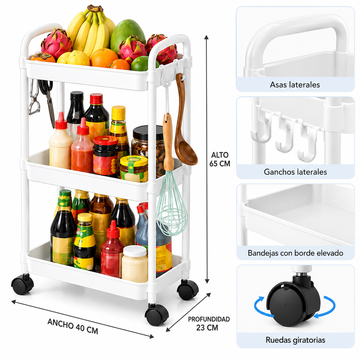 Organizador de Frutas con Ruedas de 3 Niveles