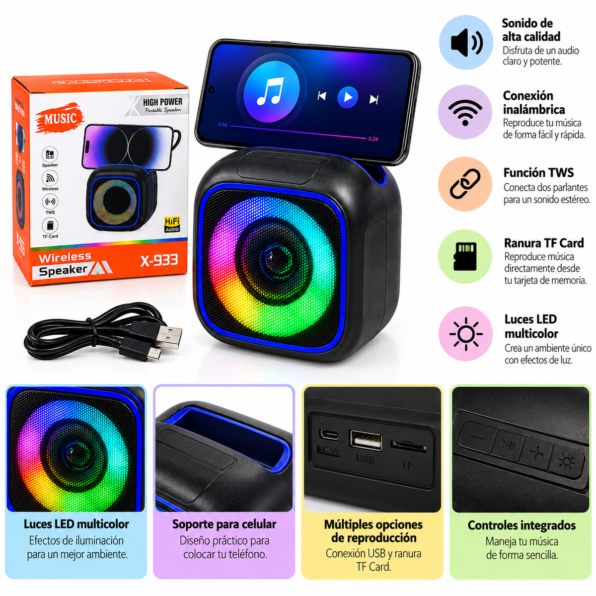 Parlante Bluetooth X-933 con Luces LED