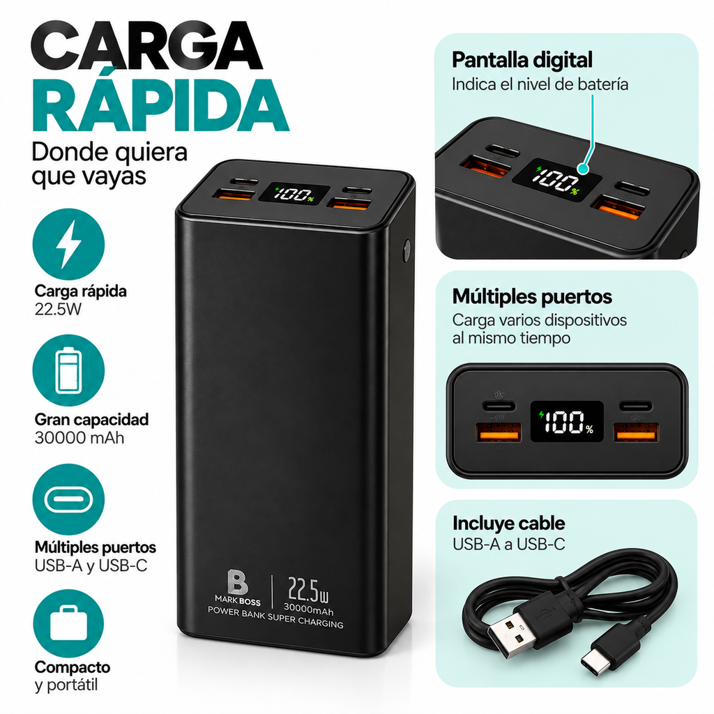 Power Bank de 30.000 mAh con Carga Rápida