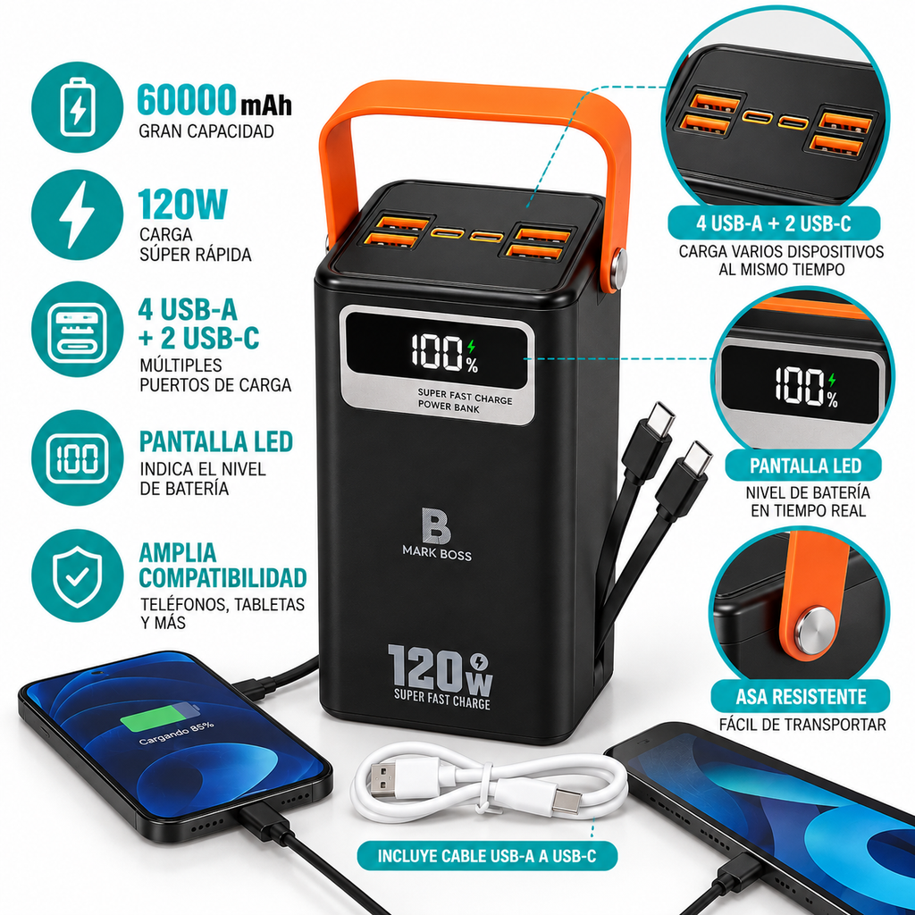 Power Bank de Gran Capacidad de 60.000 mAh y hasta 120 W