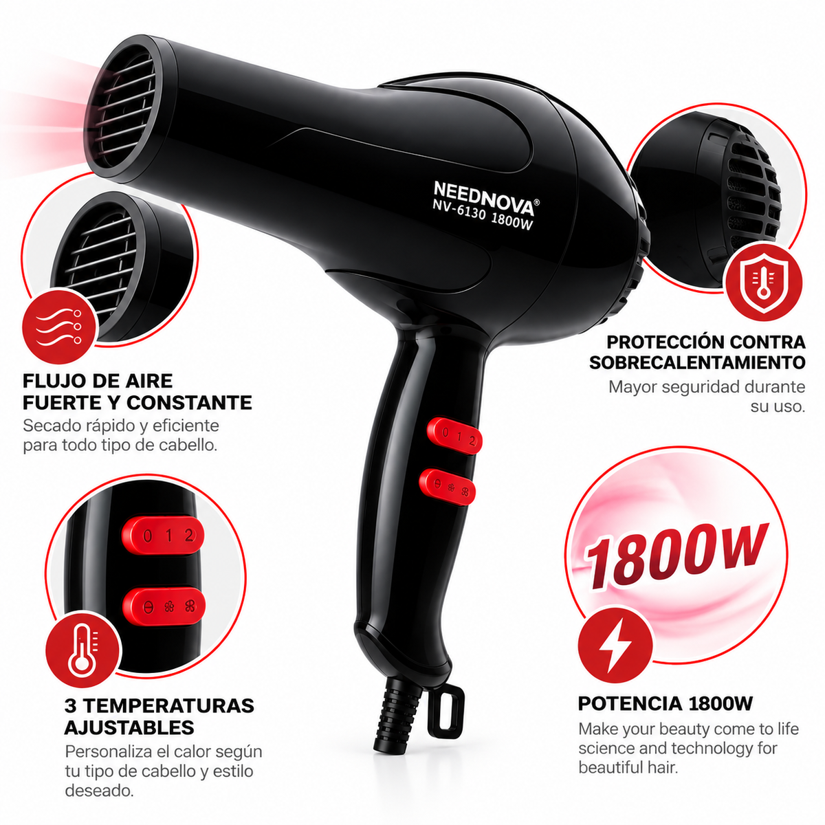 Secador de Cabello NeedNova NV-6130 de 1800 W