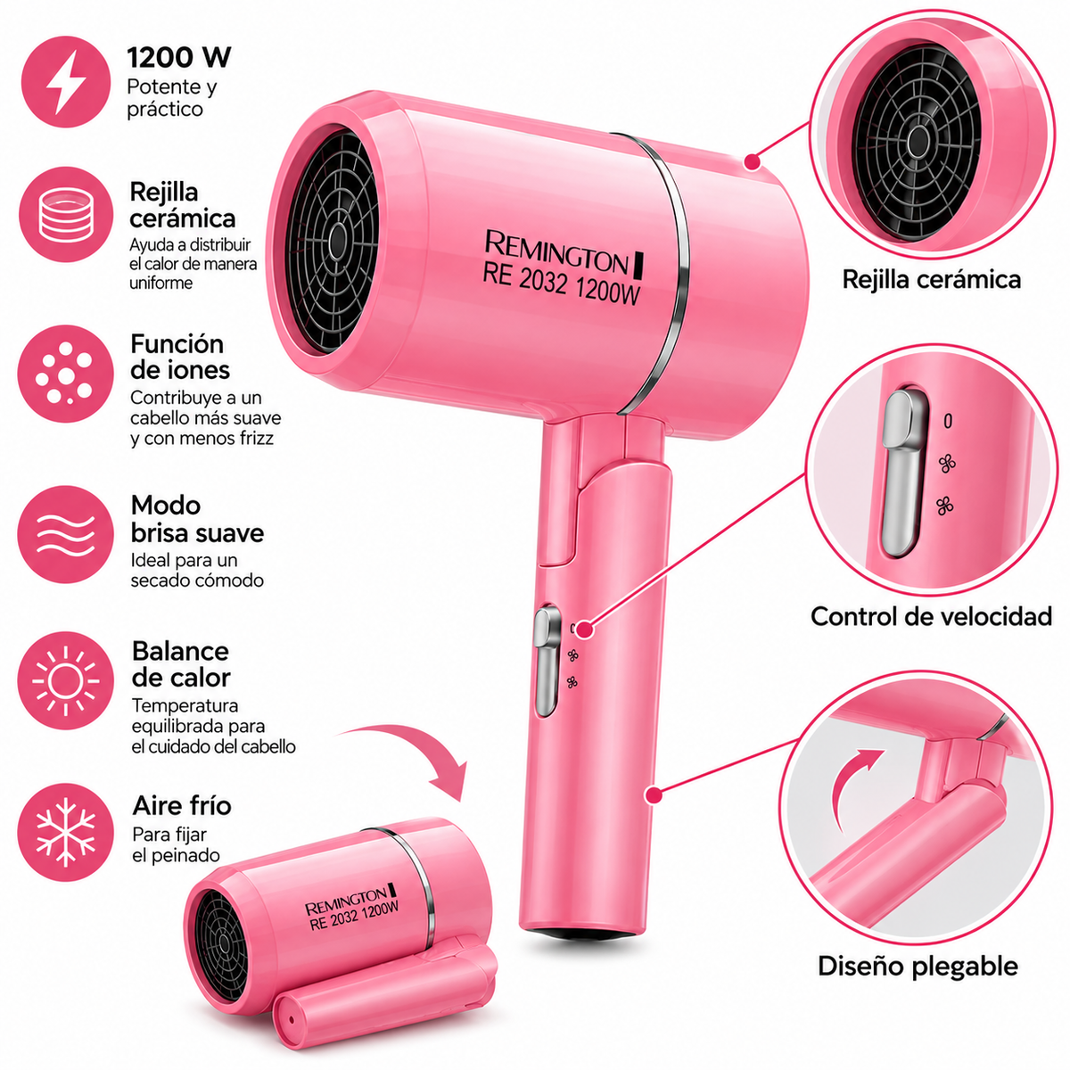 Secador de Cabello Plegable RE-2032 de 1200 W