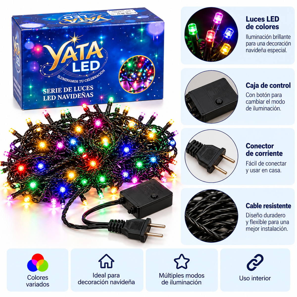 Serie Lineal Navideña de 200 Luces LED Multicolor y 15 Metro