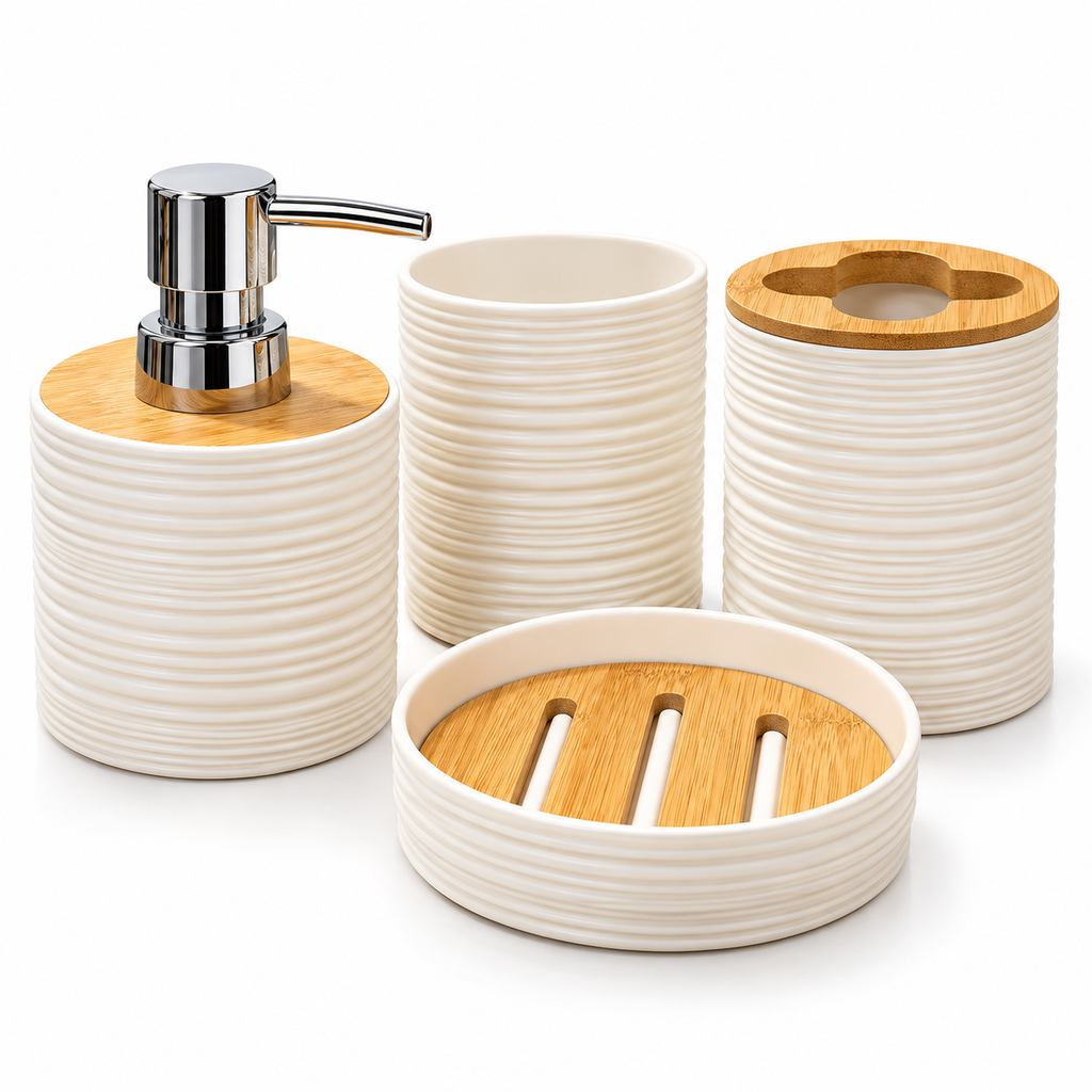Set de Baño de 4 Piezas con Detalles en Bambú