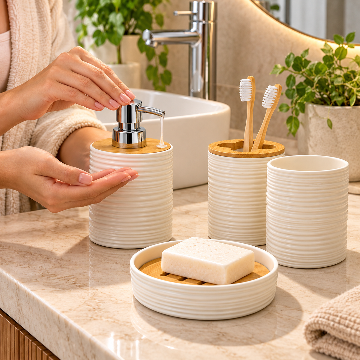 Set de Baño de 4 Piezas con Detalles en Bambú