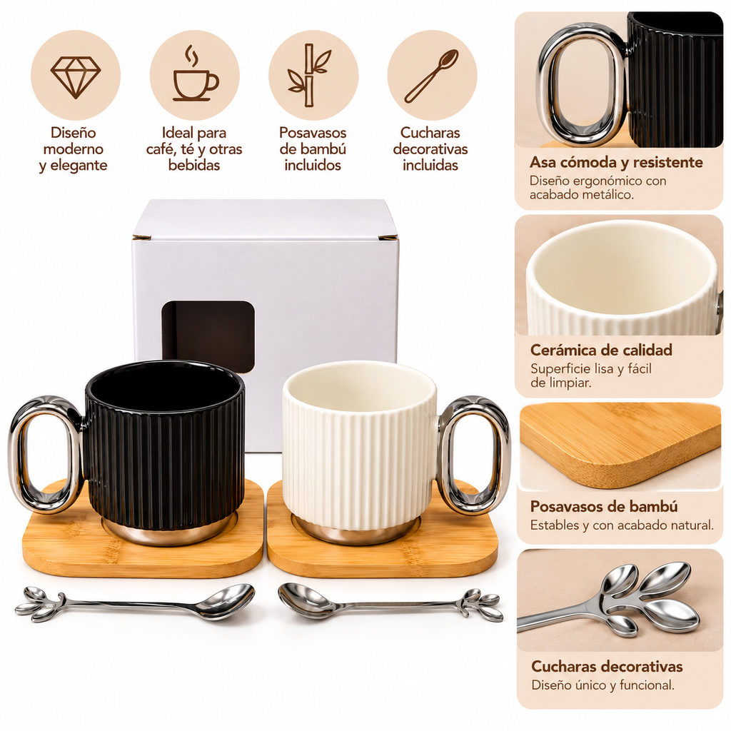 Taza Elegante con Base de Bambú y Cucharita Decorativa