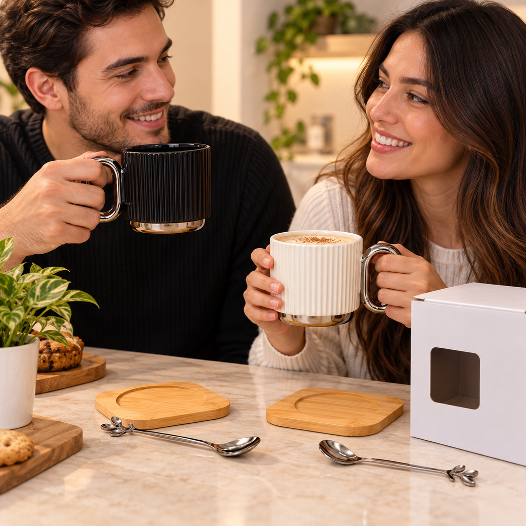 Taza Elegante con Base de Bambú y Cucharita Decorativa