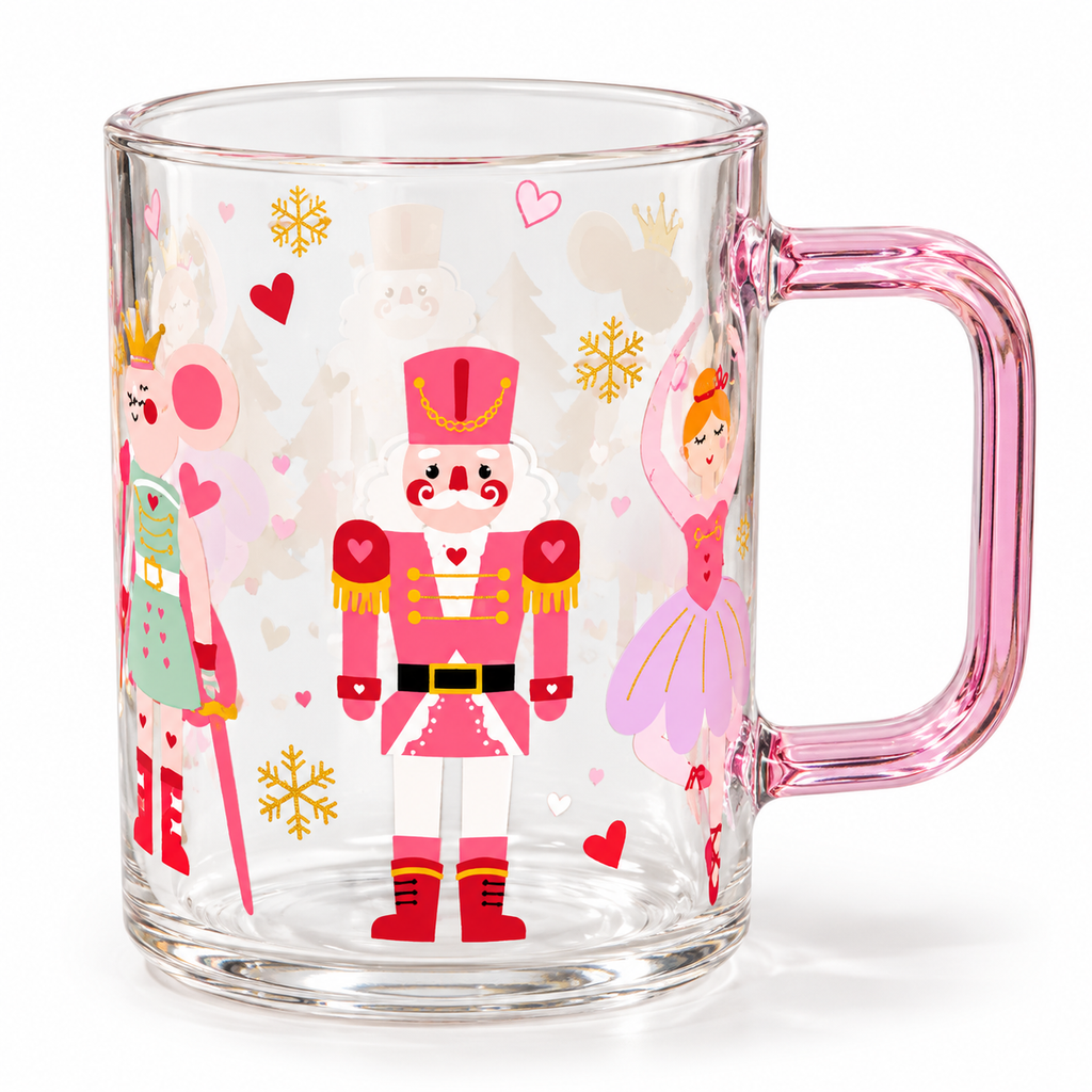 Taza Navideña de Vidrio con Asa Rosada