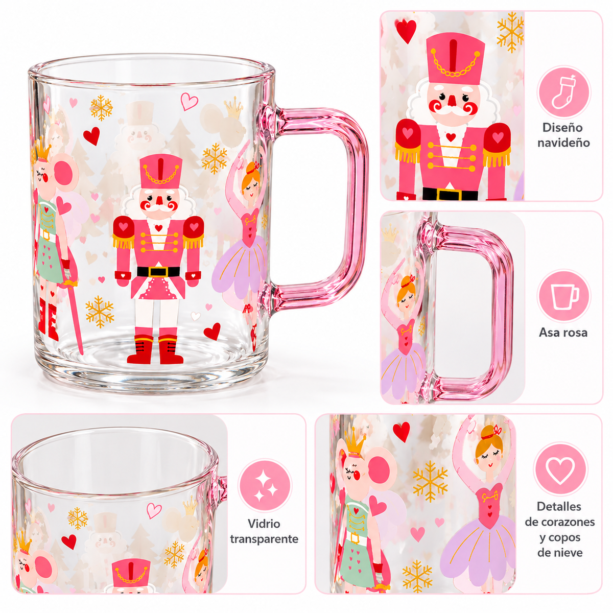 Taza Navideña de Vidrio con Asa Rosada