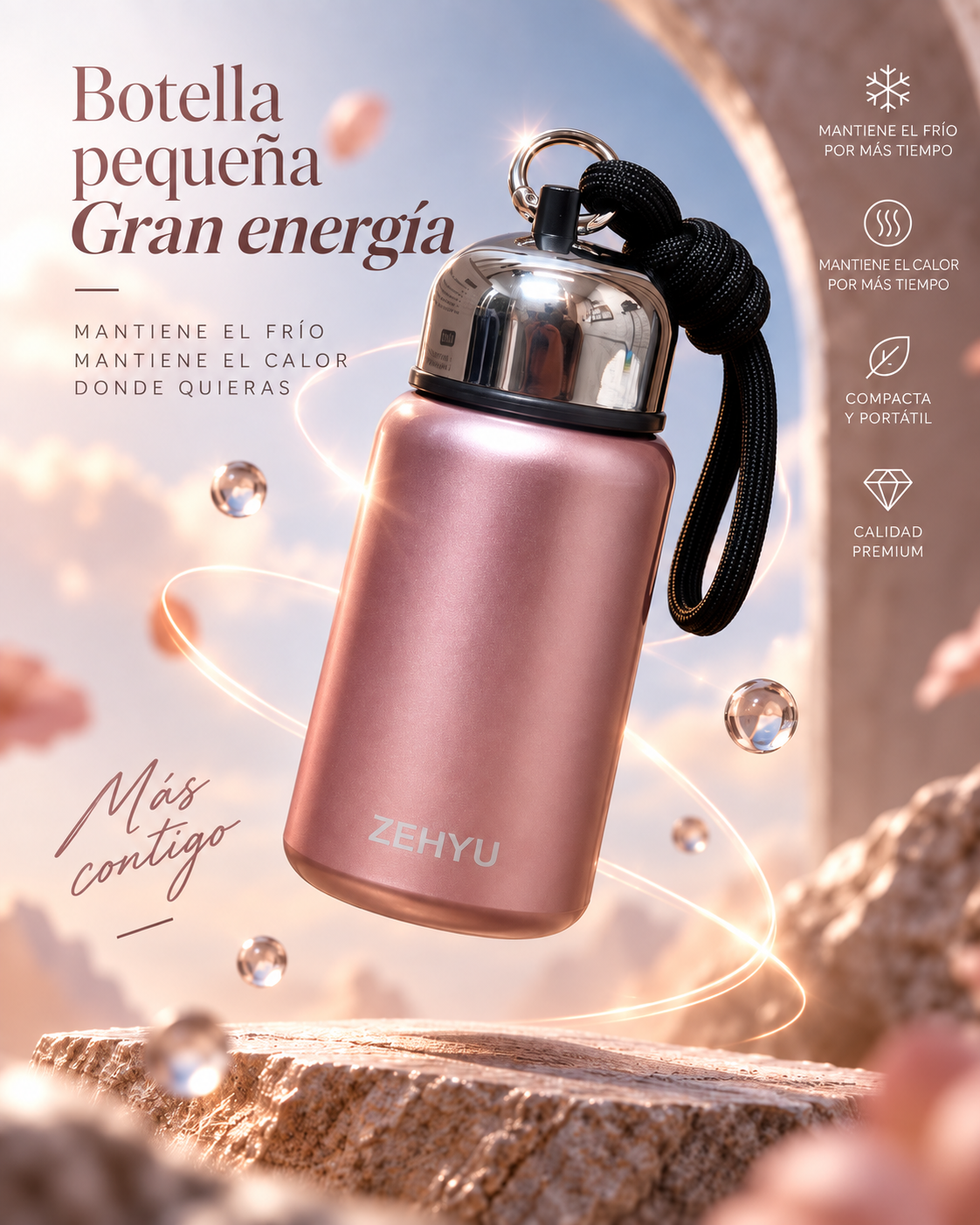 Termo mini portátil con correa de 200 ml