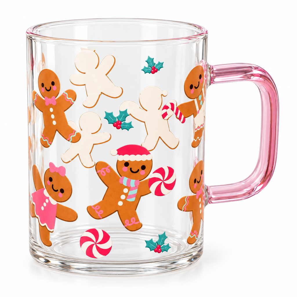 Vaso Navideño de Vidrio con Asa Rosada