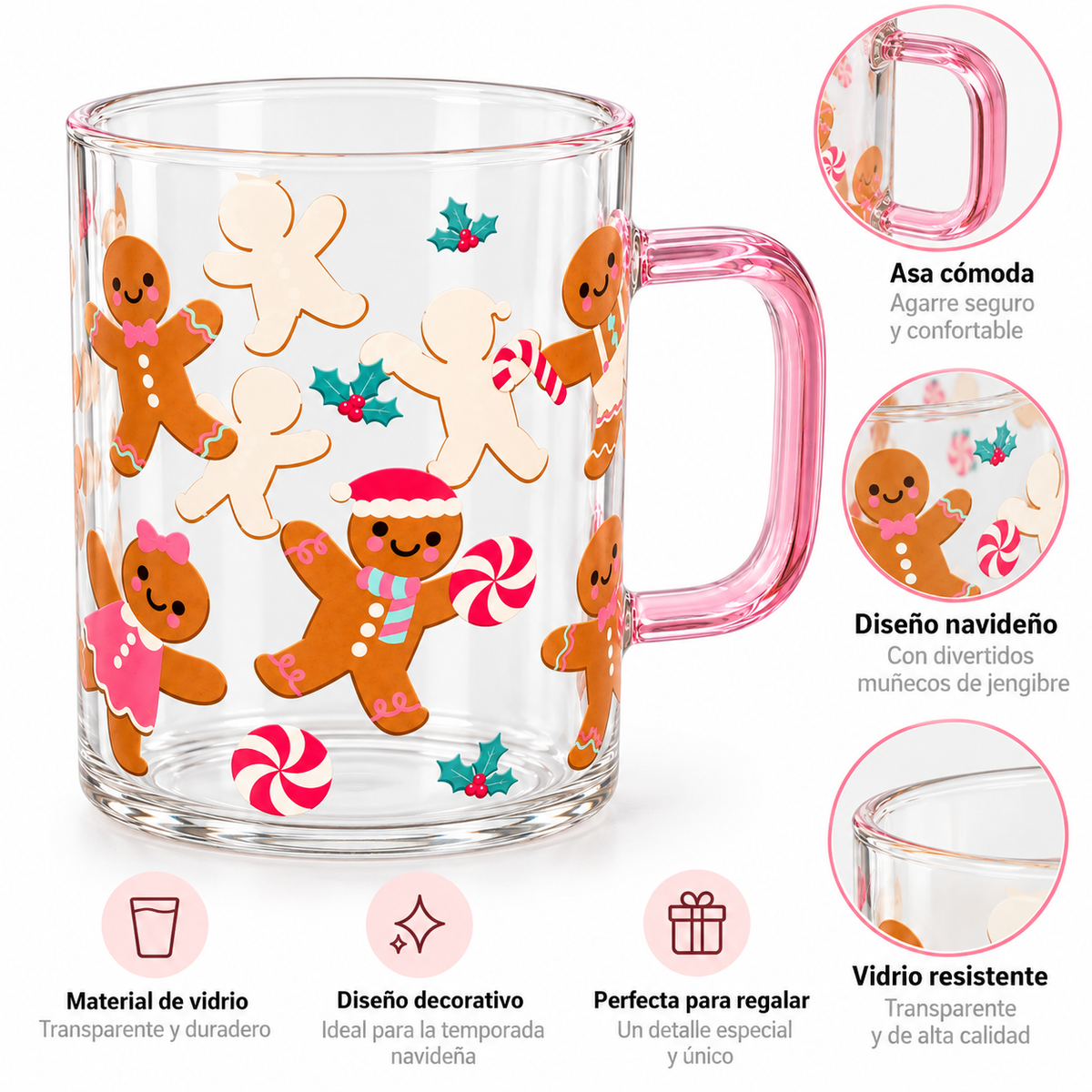 Vaso Navideño de Vidrio con Asa Rosada