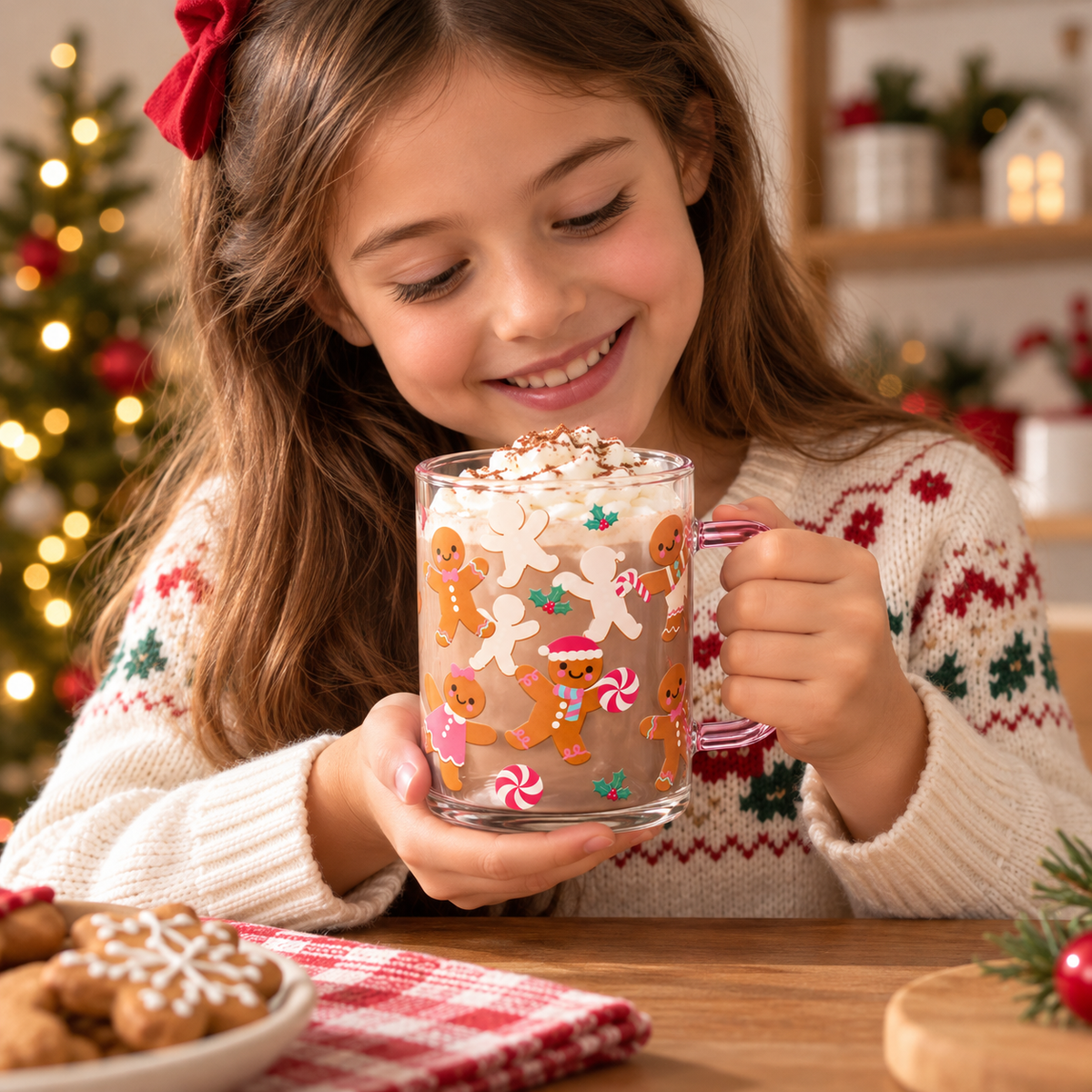Vaso Navideño de Vidrio con Asa Rosada