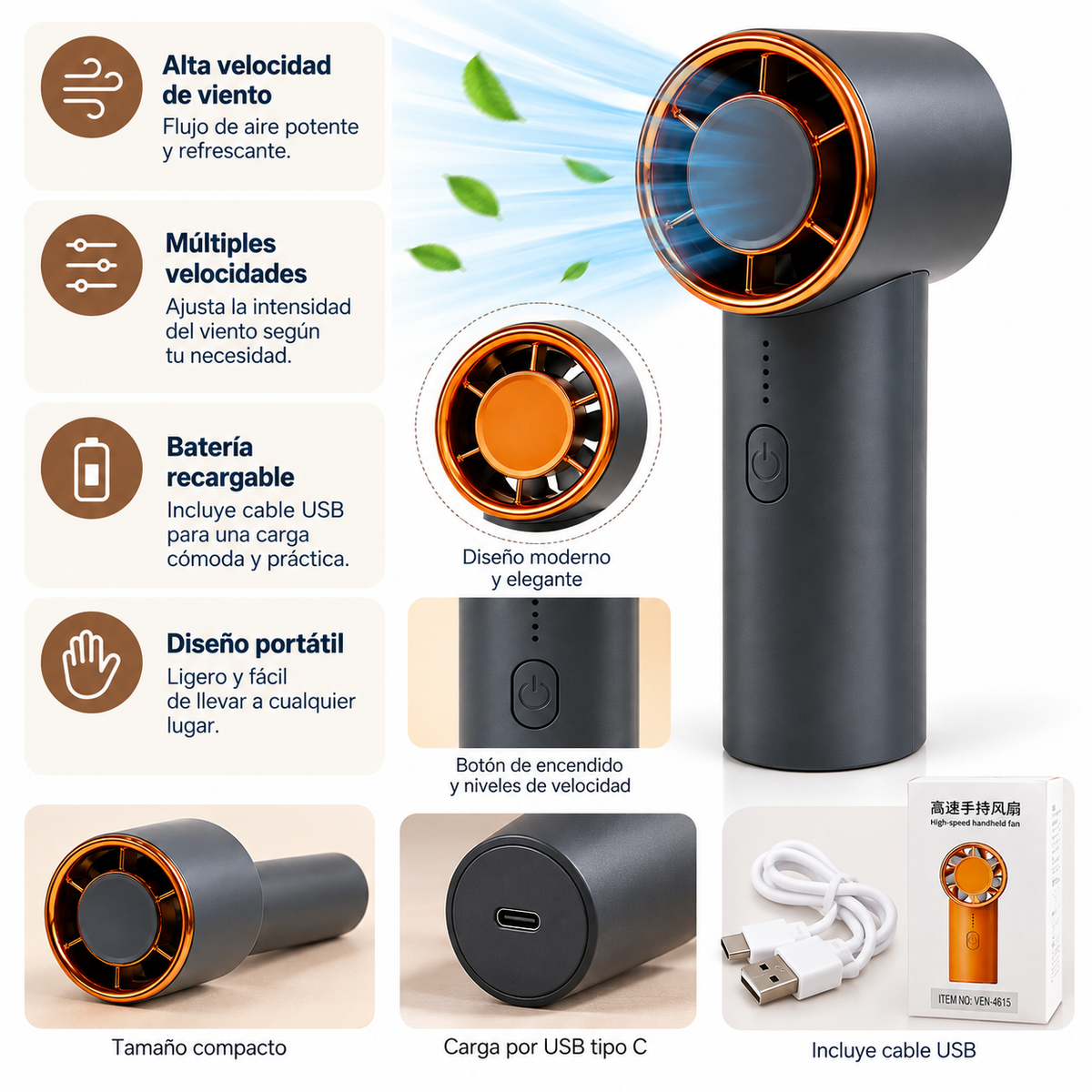 Ventilador Portátil Recargable de Alta Velocidad