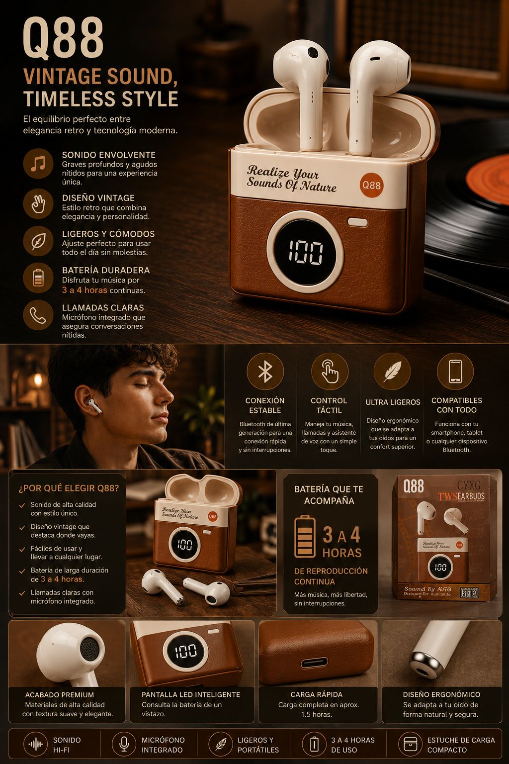 AUDÍFONOS Q88 VINTAGE