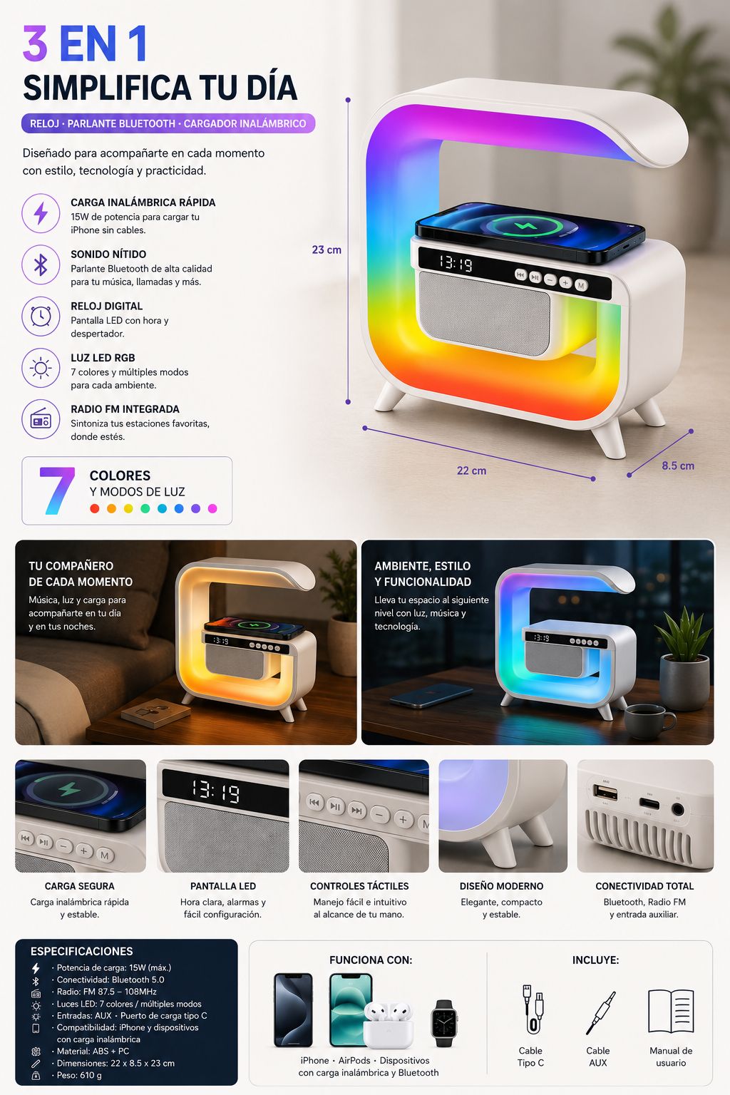 PARLANTE, RELOJ, CARGADOR 3EN1