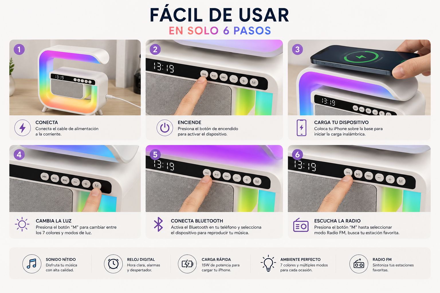 PARLANTE, RELOJ, CARGADOR 3EN1