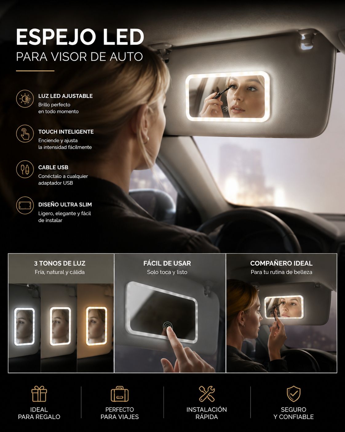 ESPEJO DE MAQUILLAJE CON LUZ LED PARA CARRO
