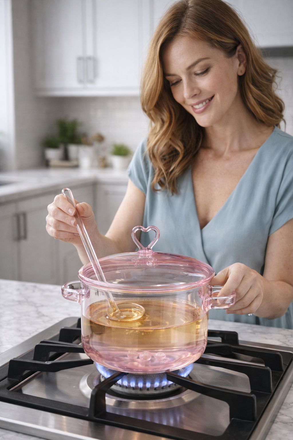 OLLA DE VIDRIO CORAZÓN ROSADO
