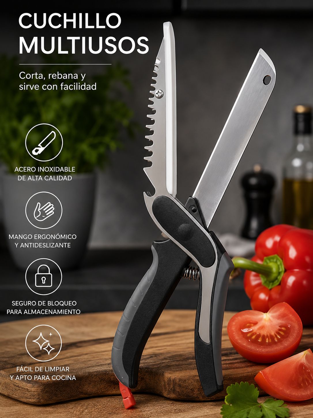 CUCHILLO TIJERA CON TABLITA DE PICAR INCORPORADA 2en1