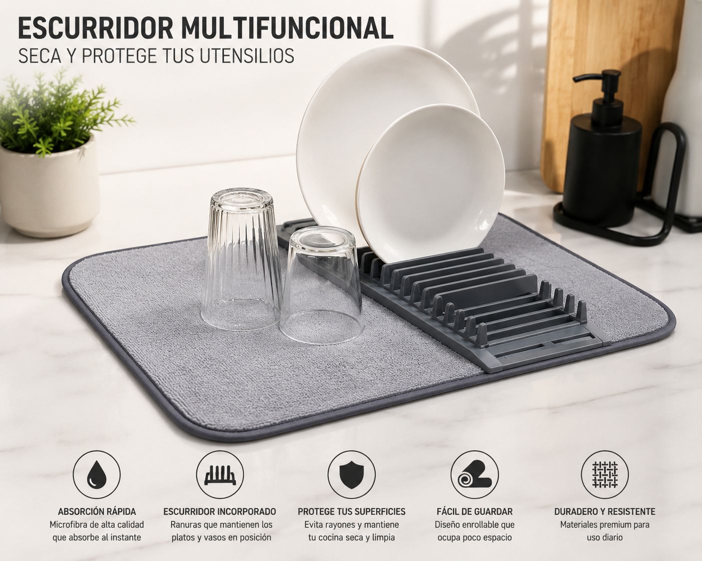 PAÑO DE SECADO ABSORBENTE CON ESCURRIDOR DE PLATOS Y CUBIERTOS