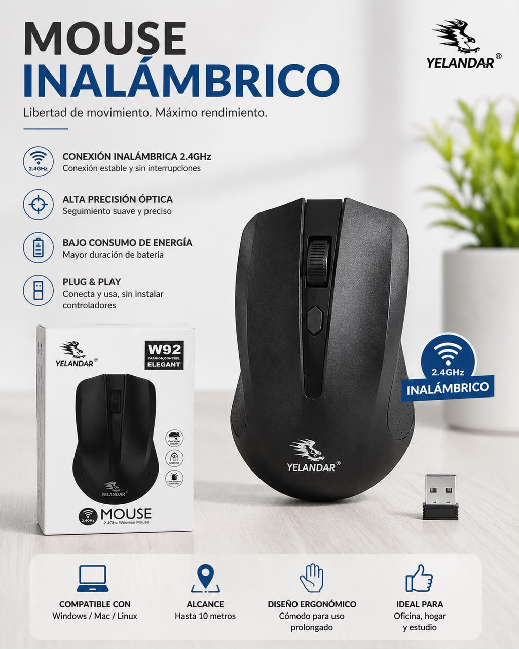 MOUSE INALÁMBRICO 2.4GHZ YELANDAR W92