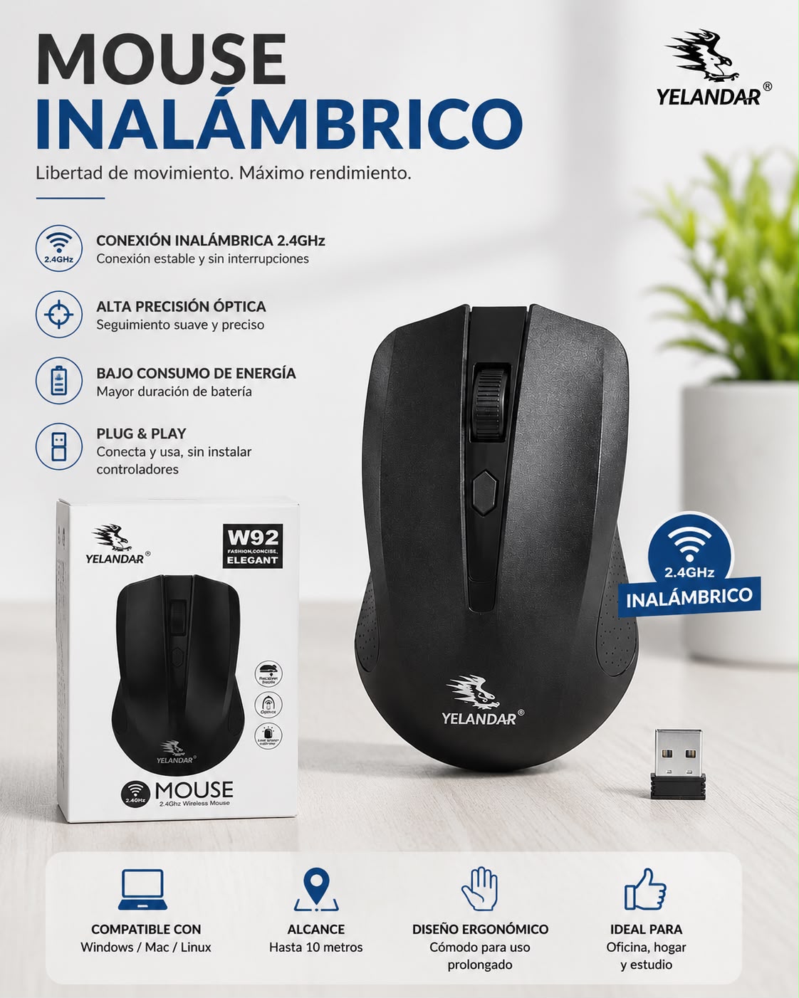 MOUSE INALÁMBRICO 2.4GHZ YELANDAR W92