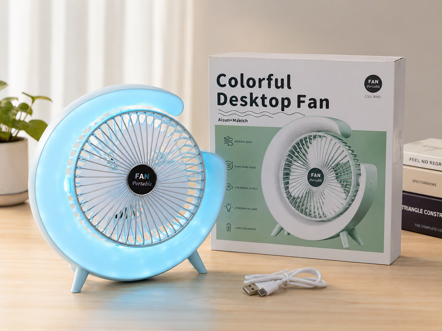 VENTILADOR DE ESCRITORIO RECARGABLE CON LUZ LED AMBIENTAL