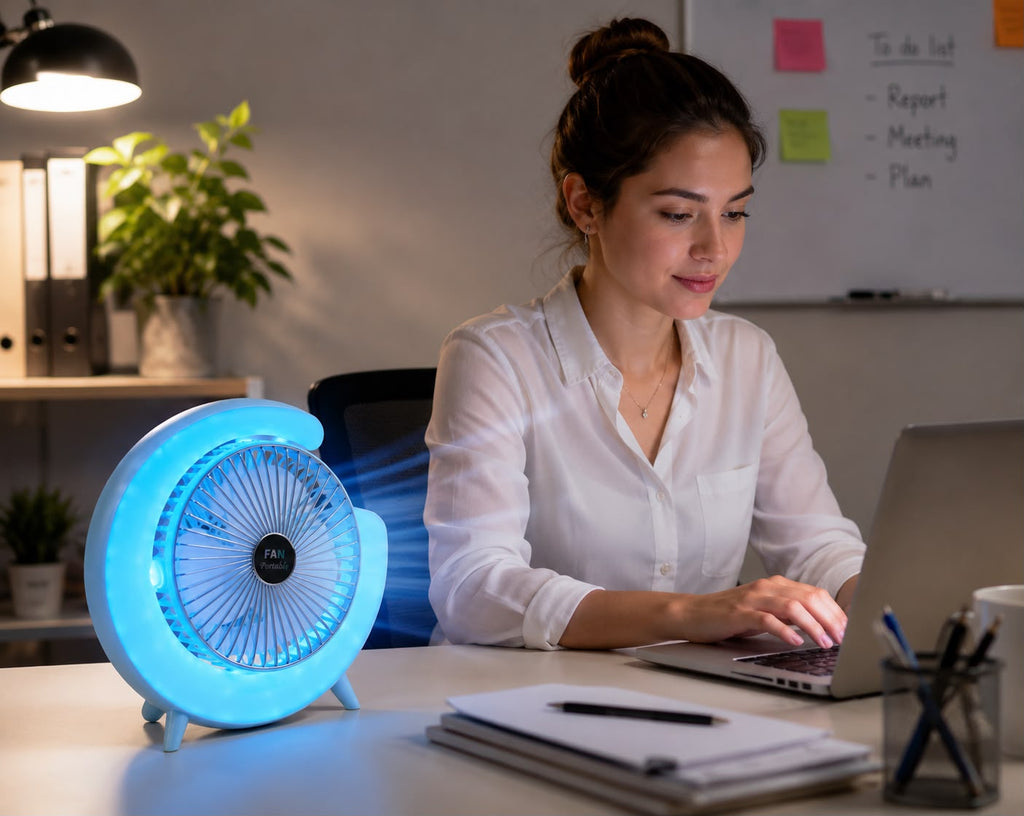VENTILADOR DE ESCRITORIO RECARGABLE CON LUZ LED AMBIENTAL