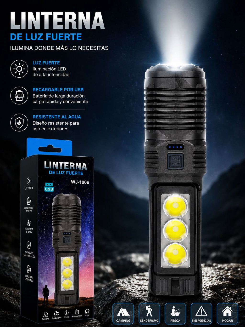 LINTERNA LED RECARGABLE USB WJ-1006