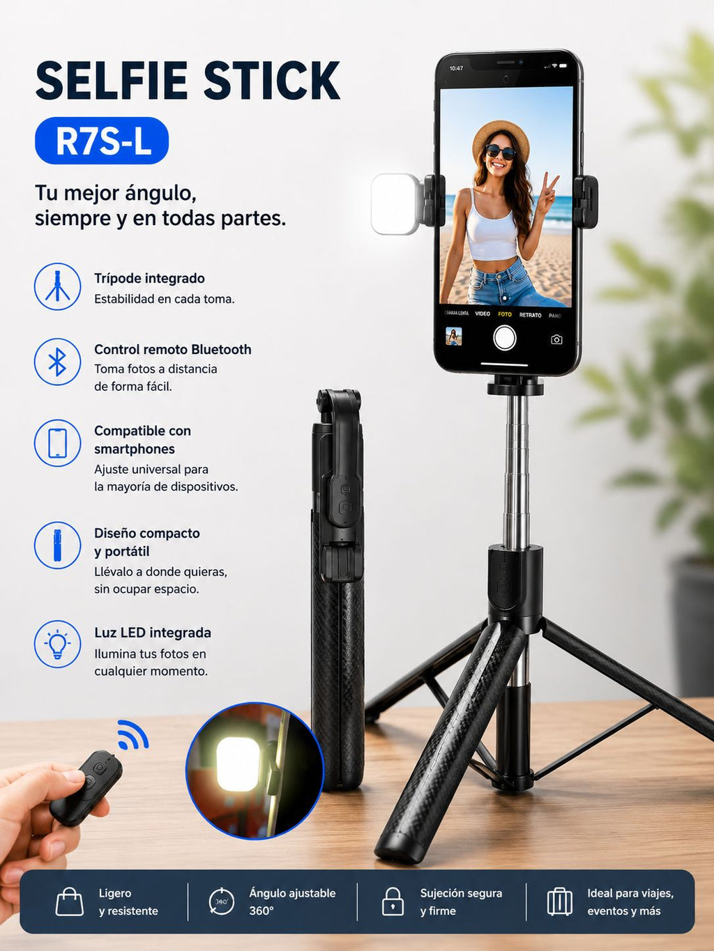 SELFIE STICK R7S-L CON LUZ LED INTEGRADA